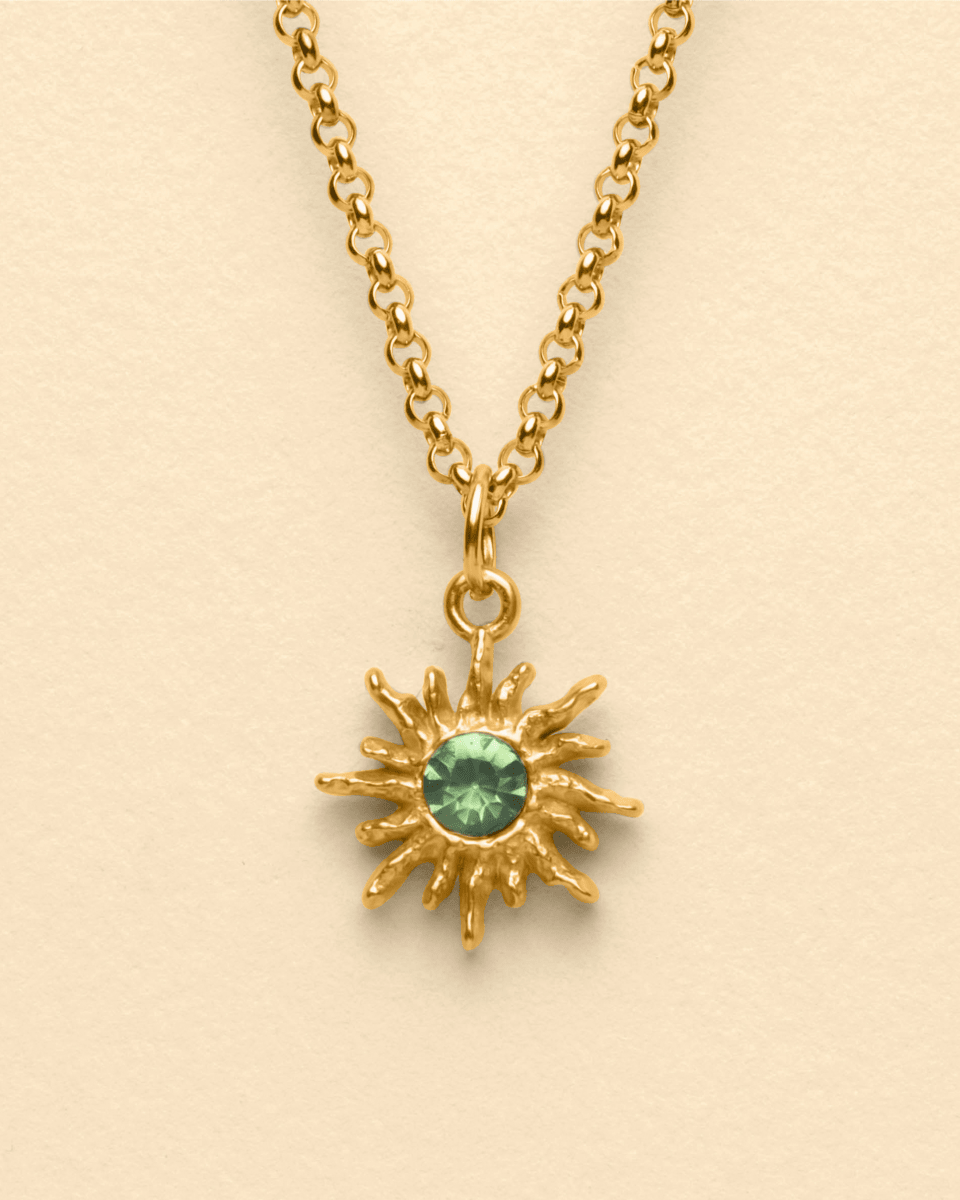 Collier Or – Solar Flare – Pendentif Soleil, Fond Vert – Fragment Studio