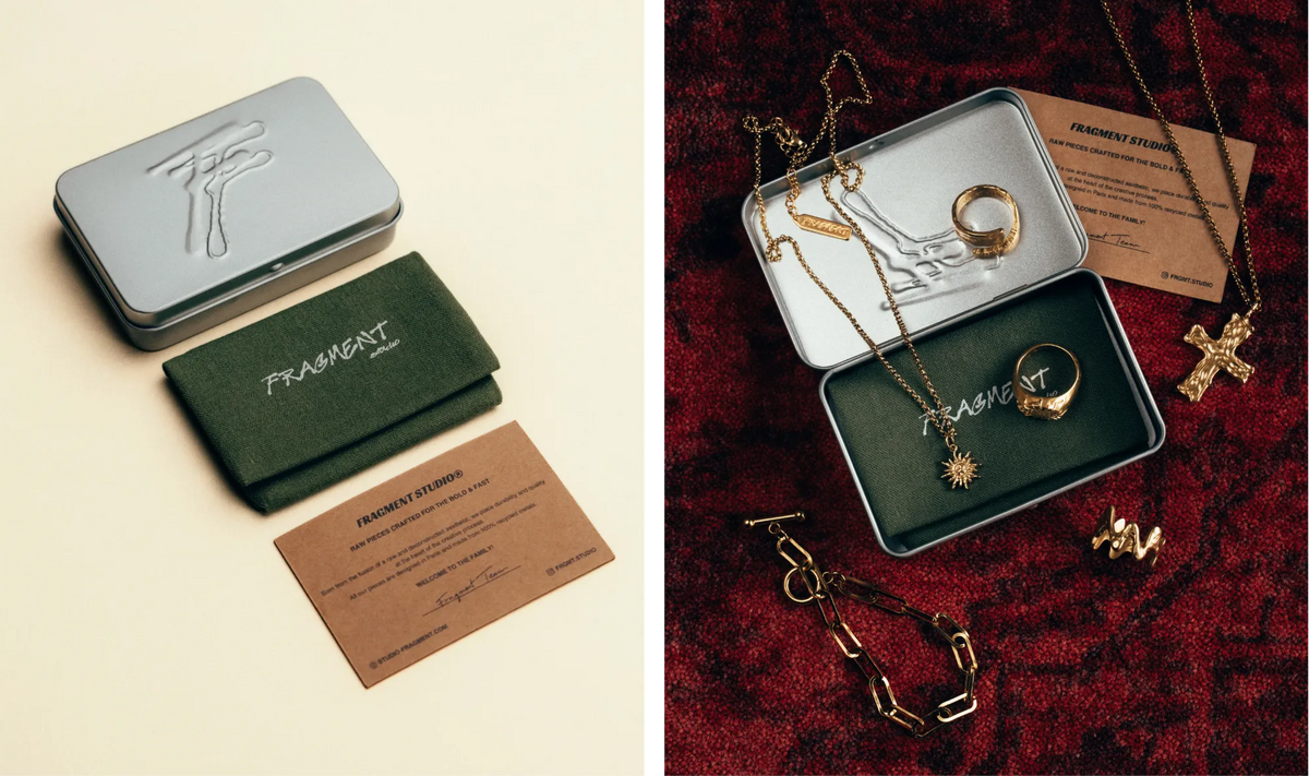 Fragment Studio signature packaging: embossed metal tin, khaki pouch and card, with gold jewelry