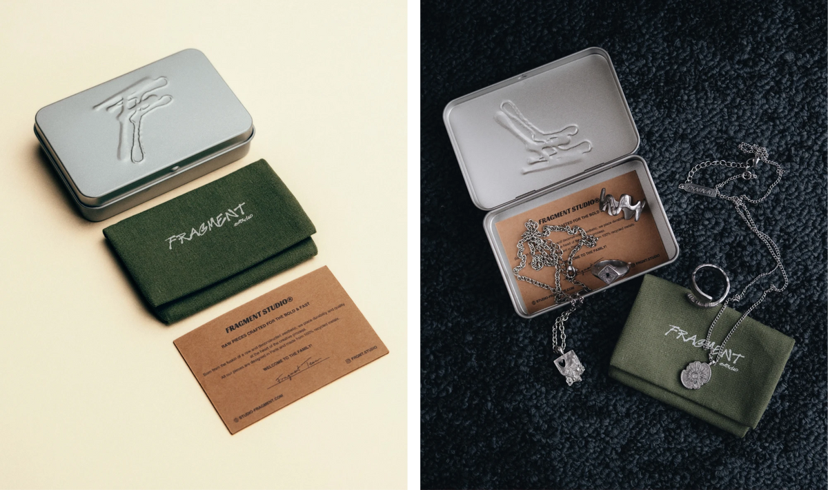 Fragment Studio signature packaging: embossed metal tin, khaki pouch and card, with silver jewelry